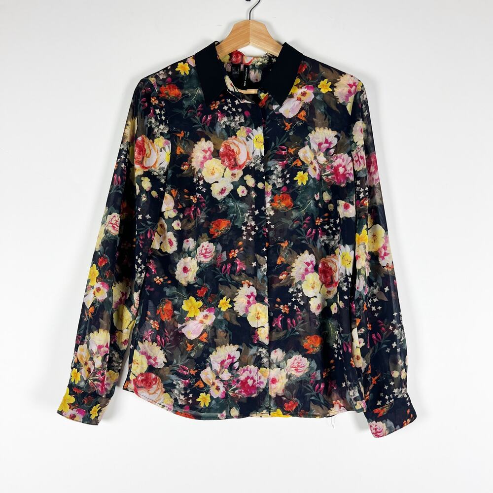 Mango MNG collection black floral sheer button down blouse shirt top size Medium